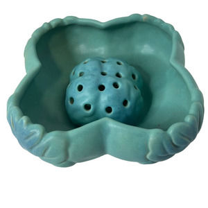 Van Briggle Colorado Springs Vintage Blue Oak Leaf Bowl & Frog Signed 2 Pc. Set